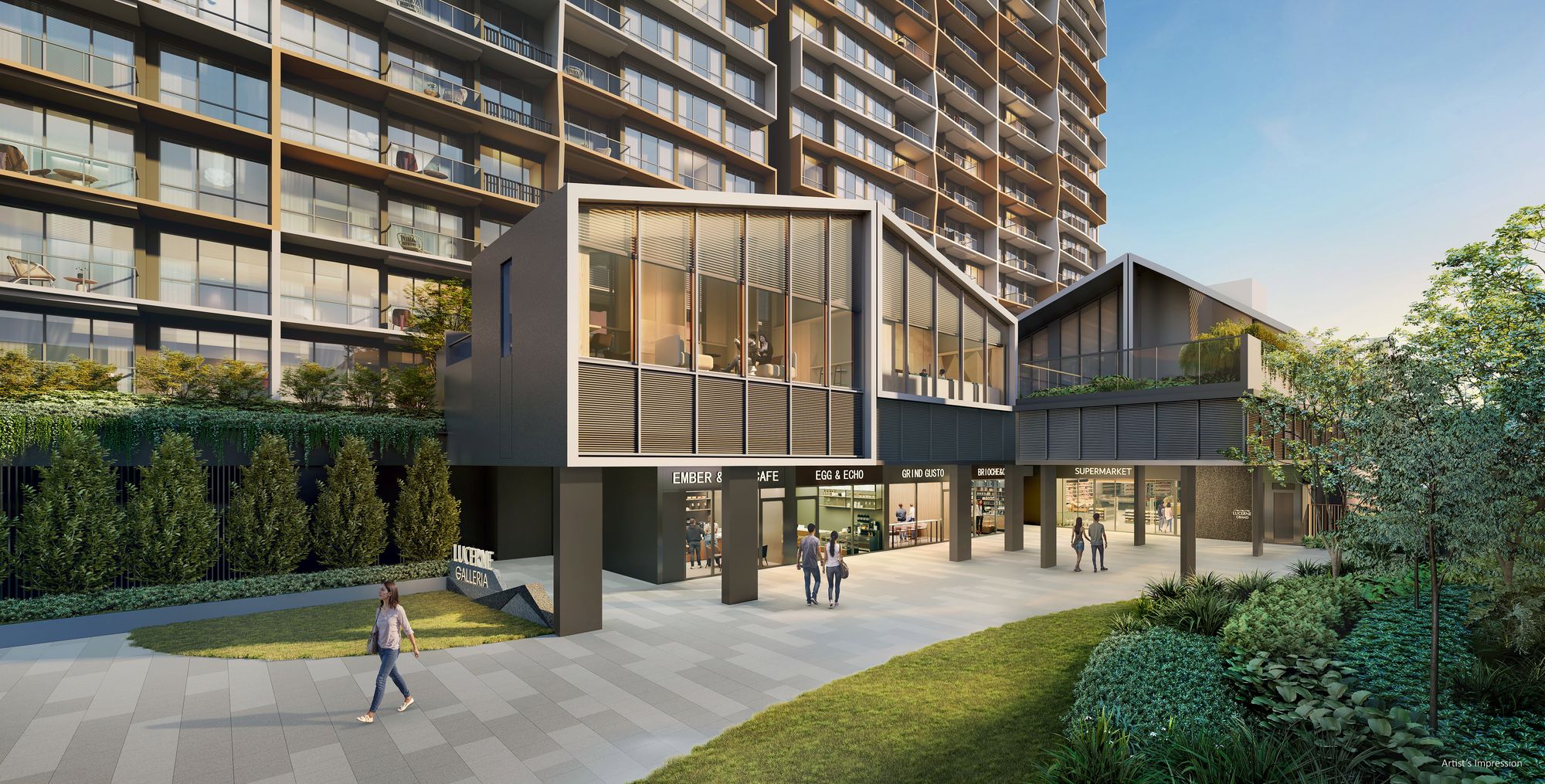Artist's impression of the arrival frontage at Lucerne Grand with the ground-floor retail units