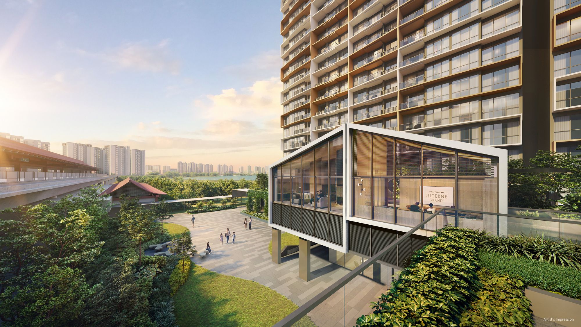 Artist's impression of the glazed clubhouse pavilion at Lucerne Grand set among landscaping